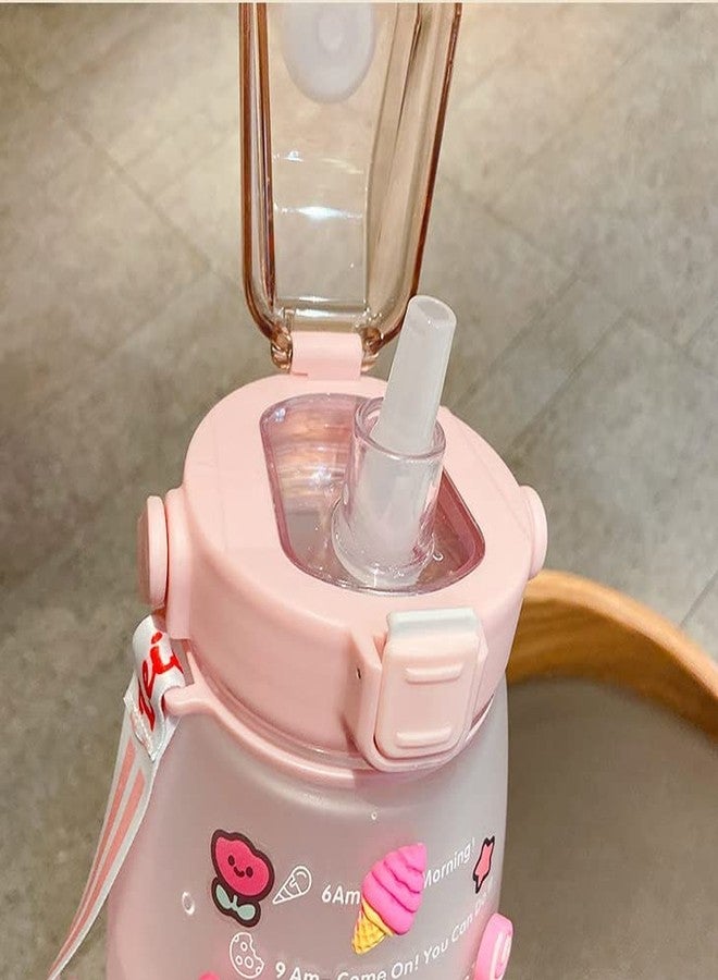 HaRvic Portable 1500ml Motivational Water Bottle with Straw Cute Water Bottle Jug with Strap and Stickers for Kids Fitness Gym Workouts Outdoor Sports Bottle for Women Men (Pink) - Image 5